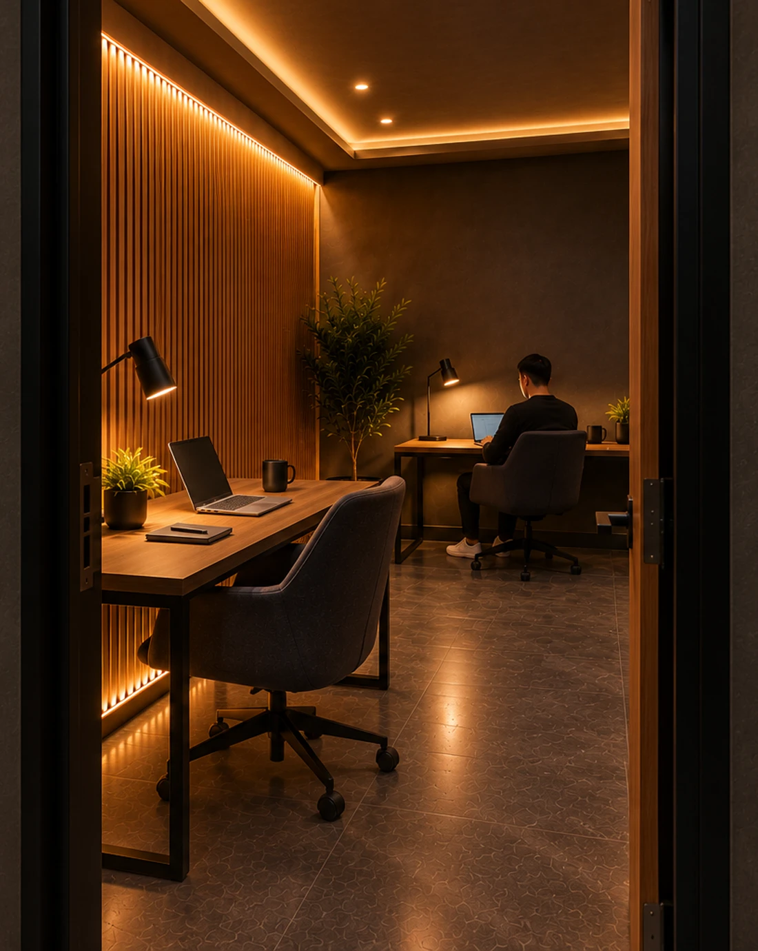 Concept of a private coworking room inside EVO Padel, seen through the open door