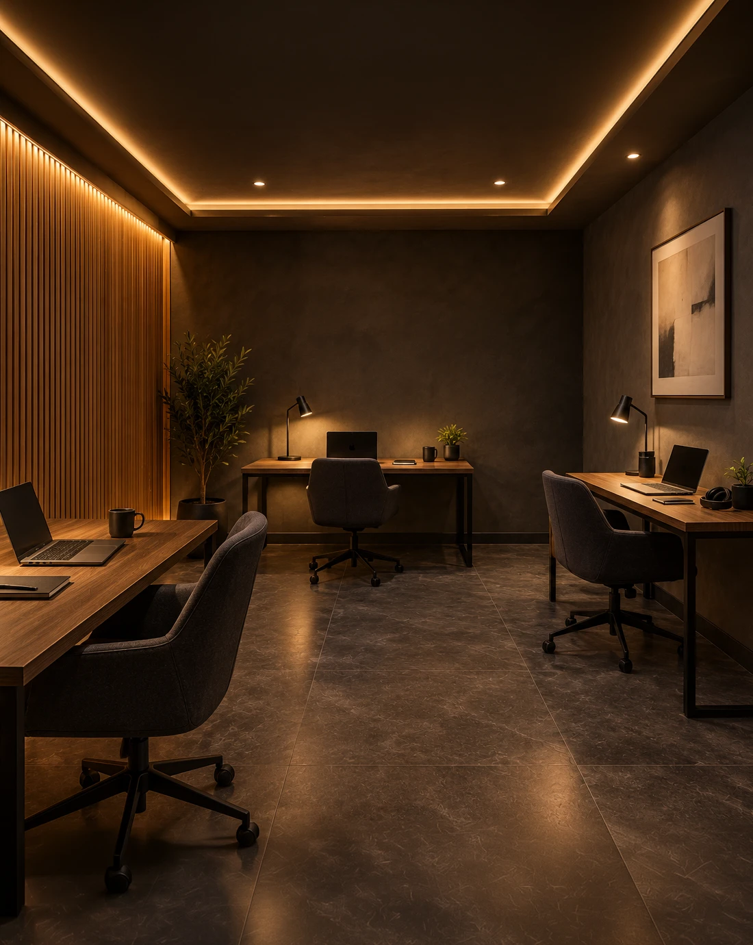 Concept of a private coworking room with three desks inside EVO Padel